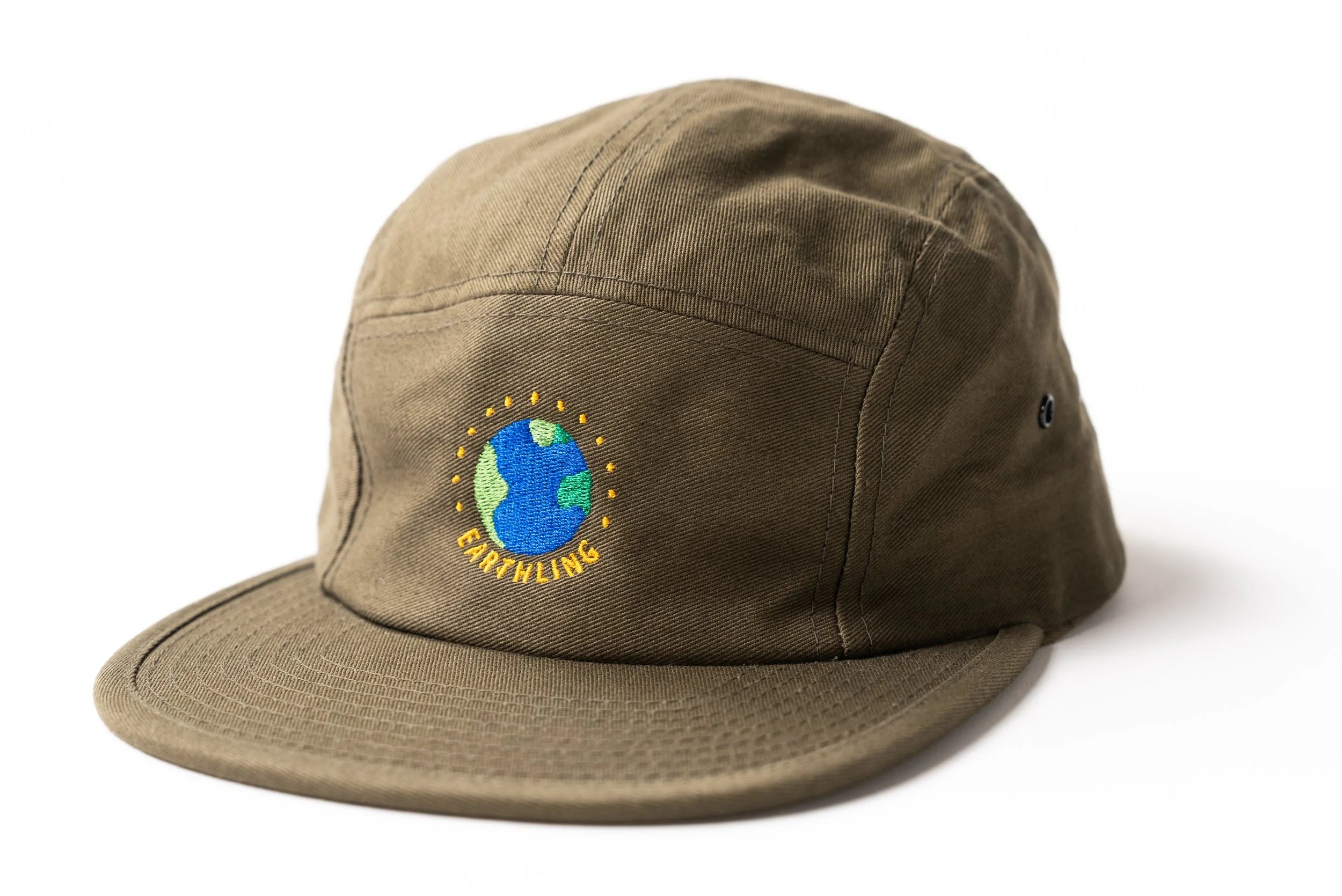 Olive green Earth five panel hat side view