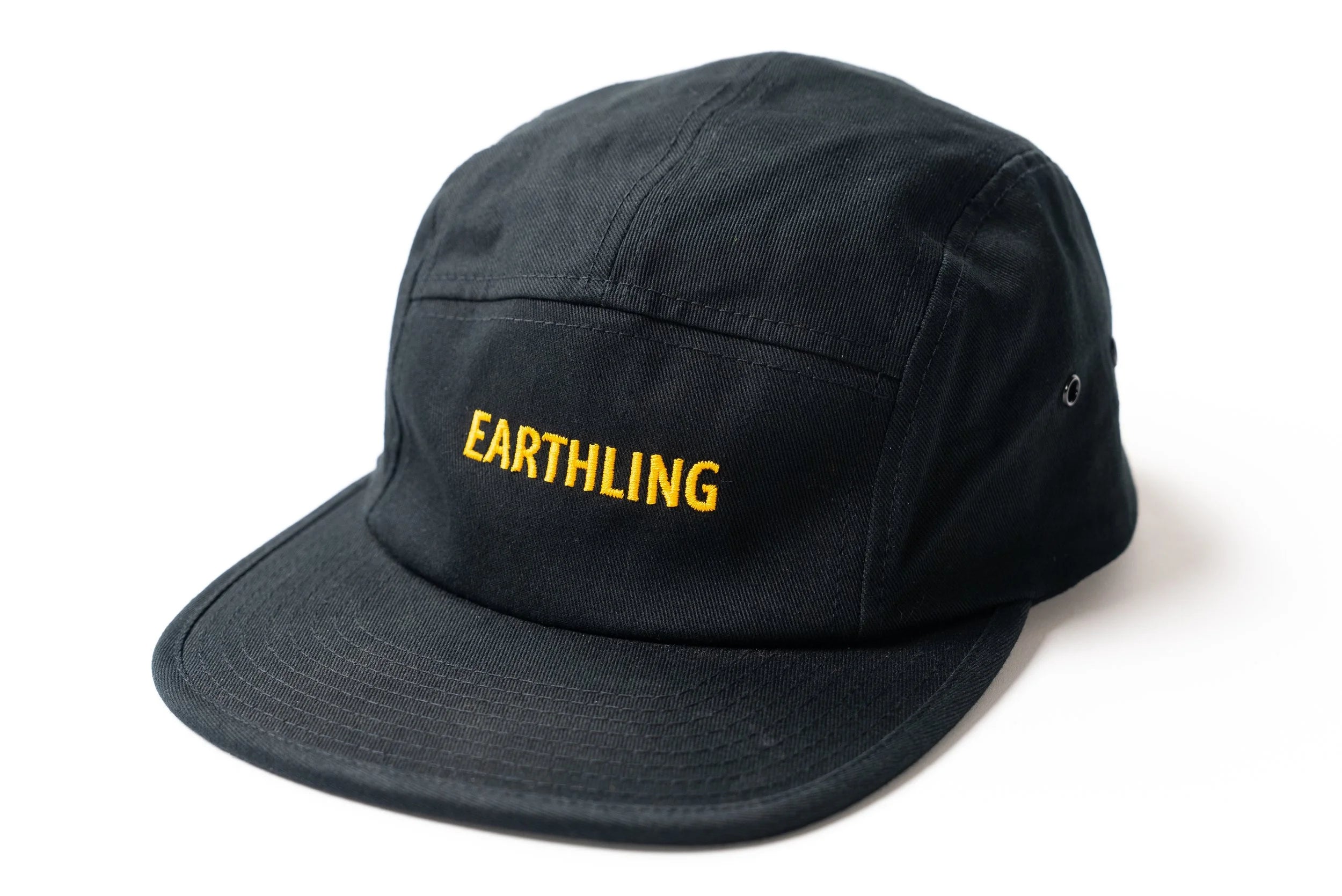 Black five panel hat side view