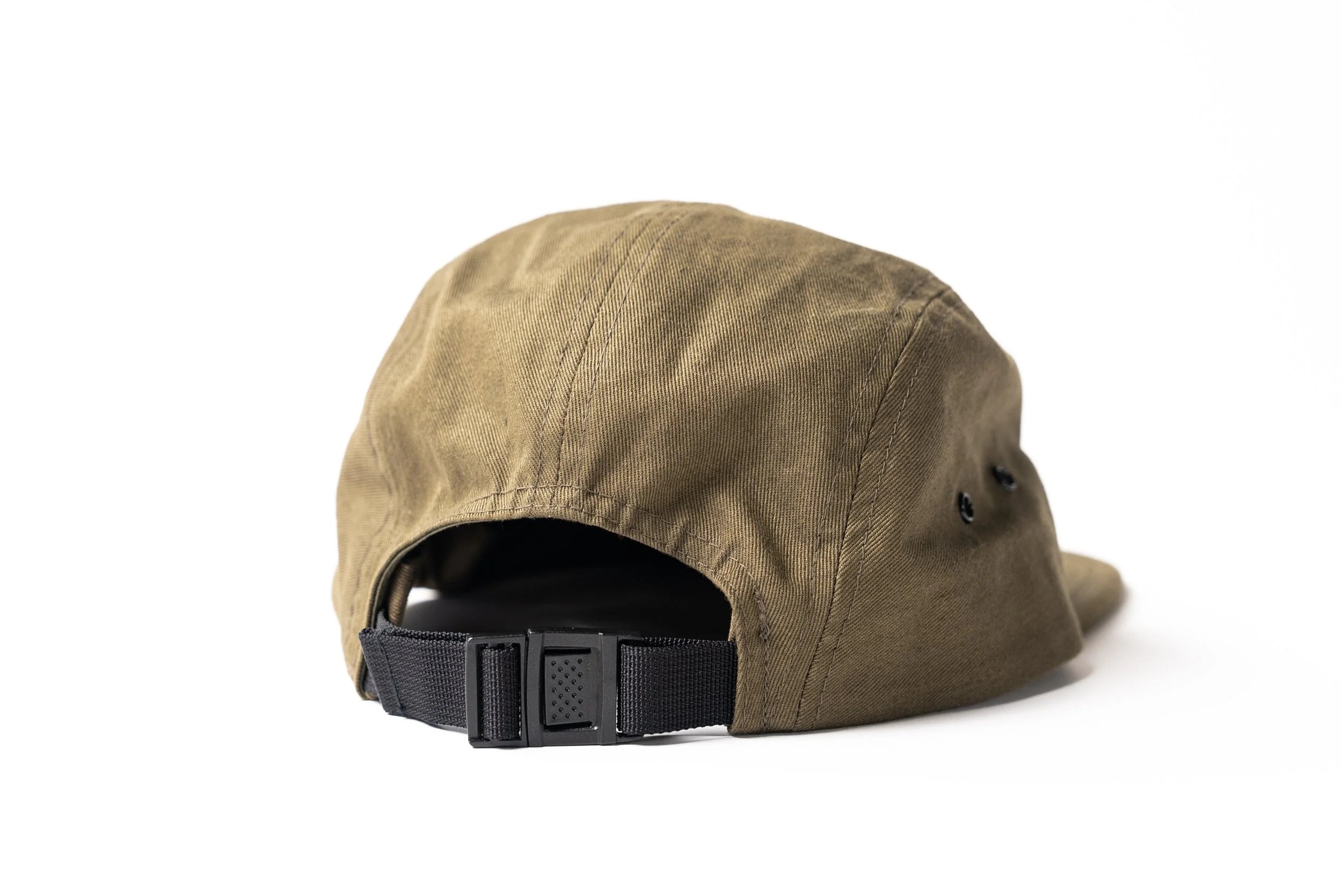Olive green Earthling five panel hat side view