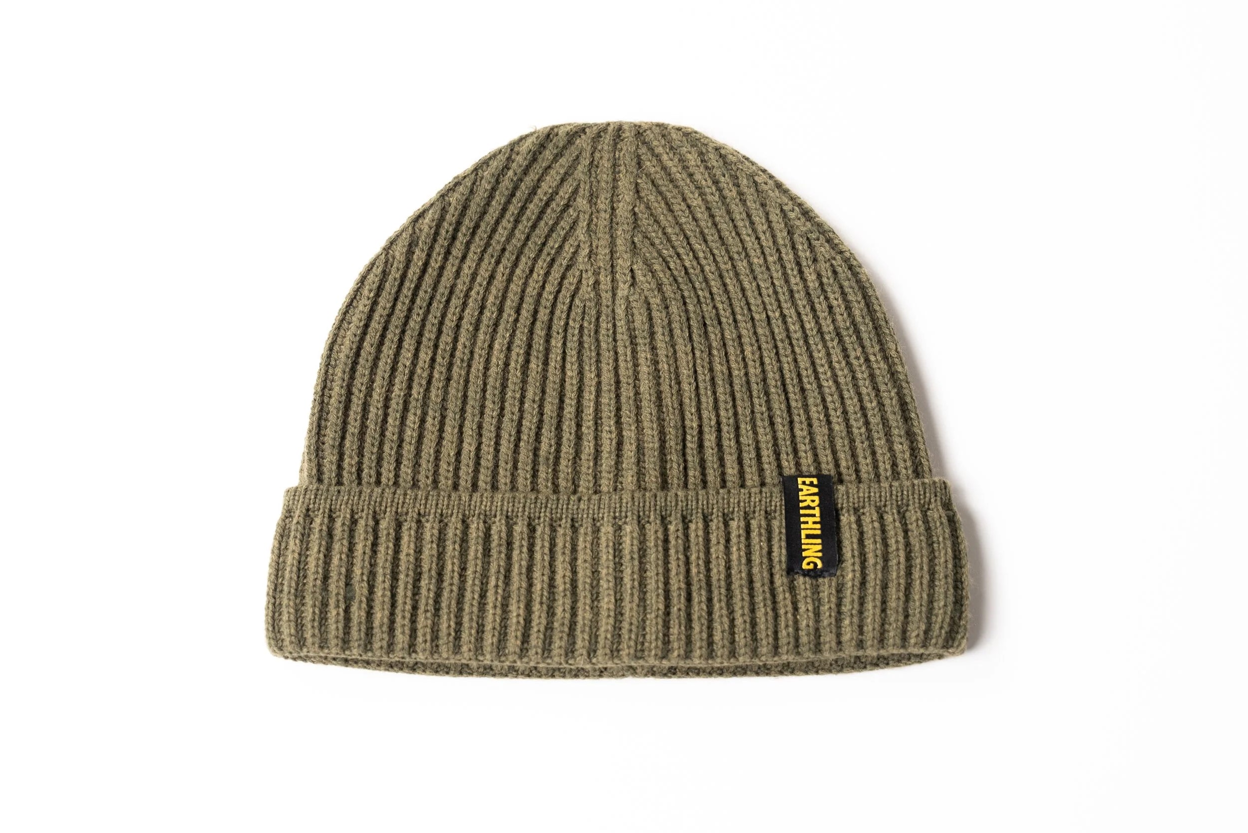 Earthling Outerwear olive green knit beanie with Earthling cuff tag