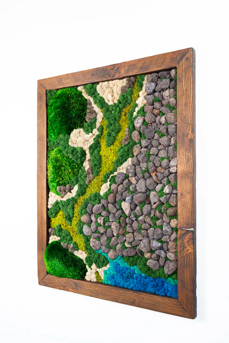 Akela the Rock Glacier moss artwork seen at an angle, showing the stone scree and layered moss