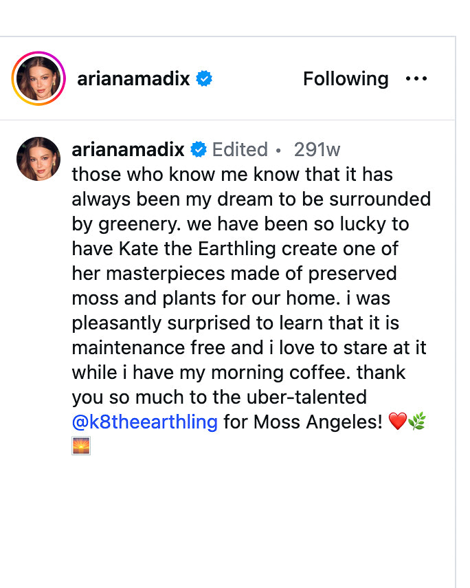 Instagram post from Ariana Madix thanking Kate the Earthling for her Moss Angeles preserved moss panels