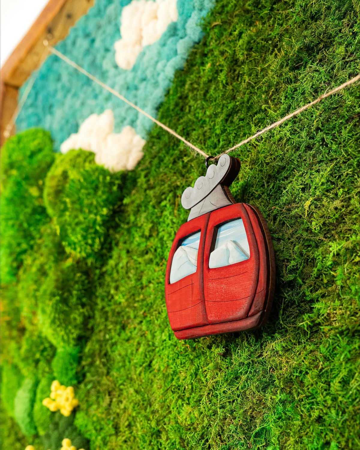 Close up of the red cable car and cable detail in a preserved moss mountain landscape