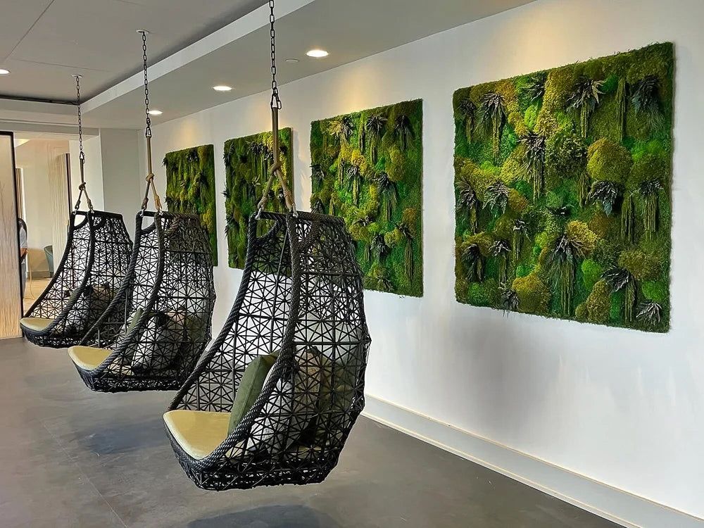 Four square moss panels along a corridor wall beside a row of hanging egg chairs