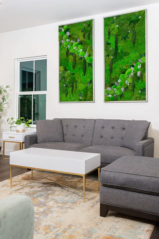 Two tall framed moss panels with pale stones and white blooms above a grey sectional in a bright living room