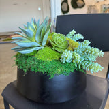 Succulent Pot 2 black planter with mosses and faux succulents