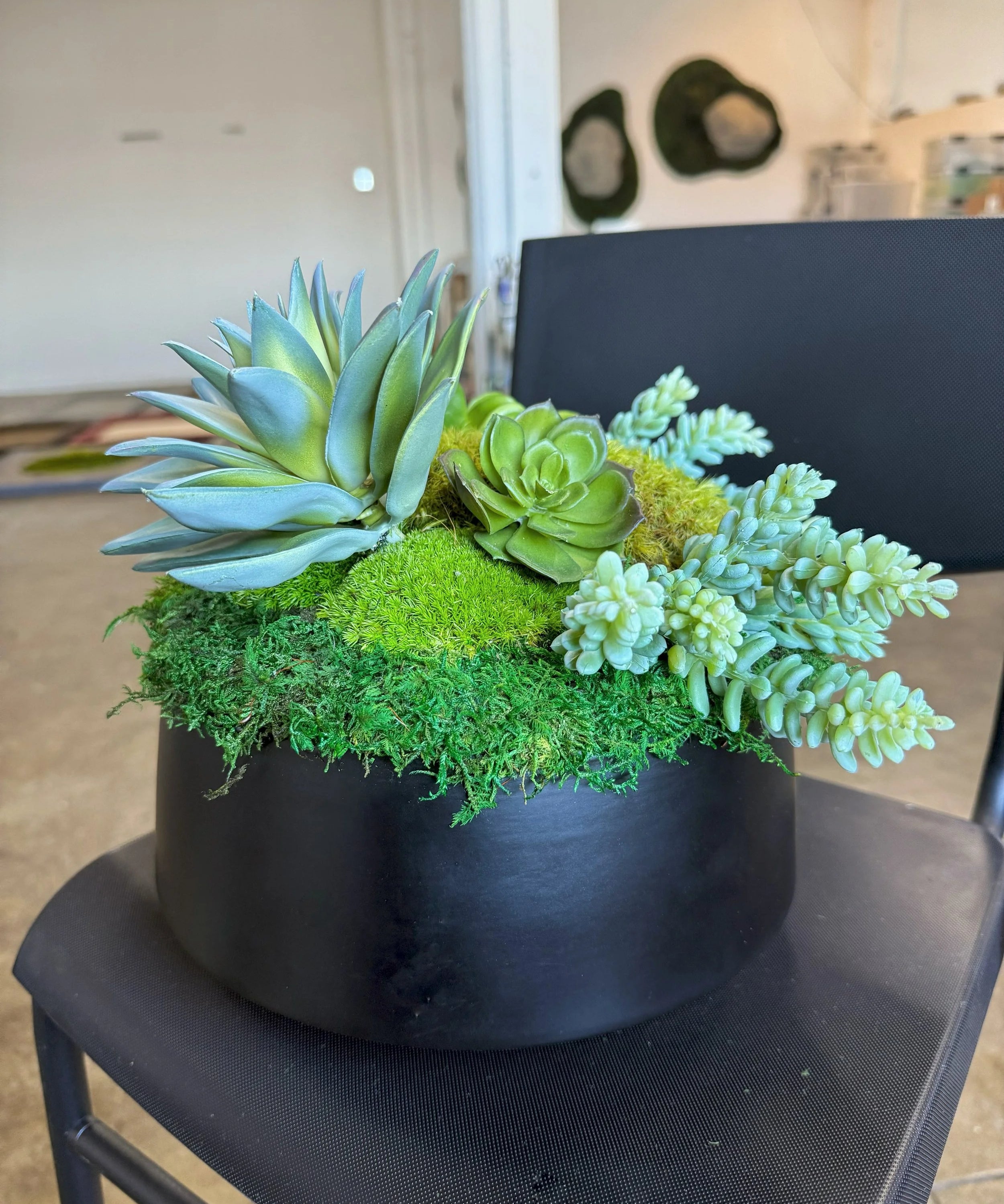 Succulent Pot 2 black planter with mosses and faux succulents