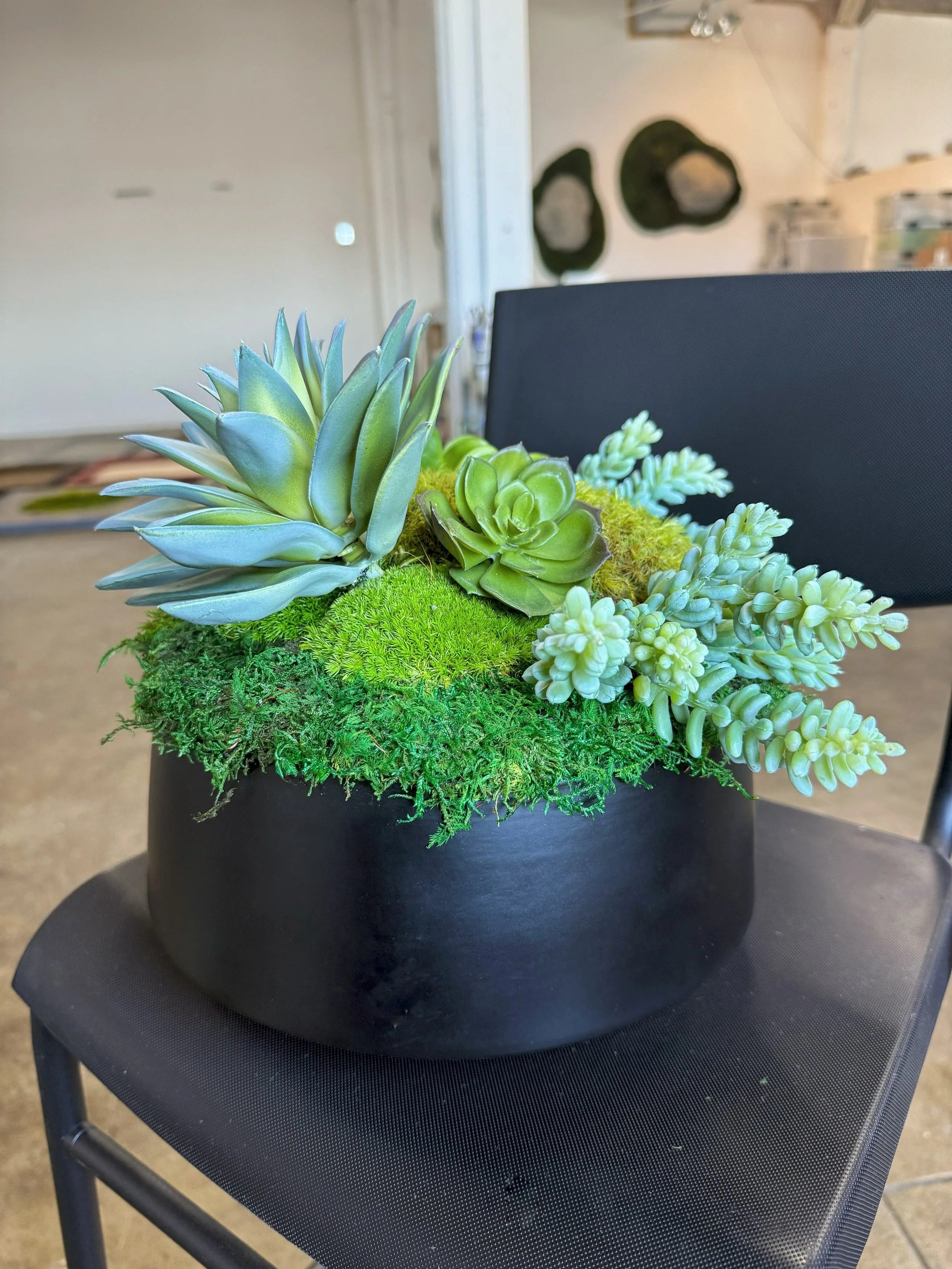 Succulent Pot 2 black planter with mosses and faux succulents