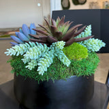 Succulent Pot 3 black planter with mosses and faux succulents