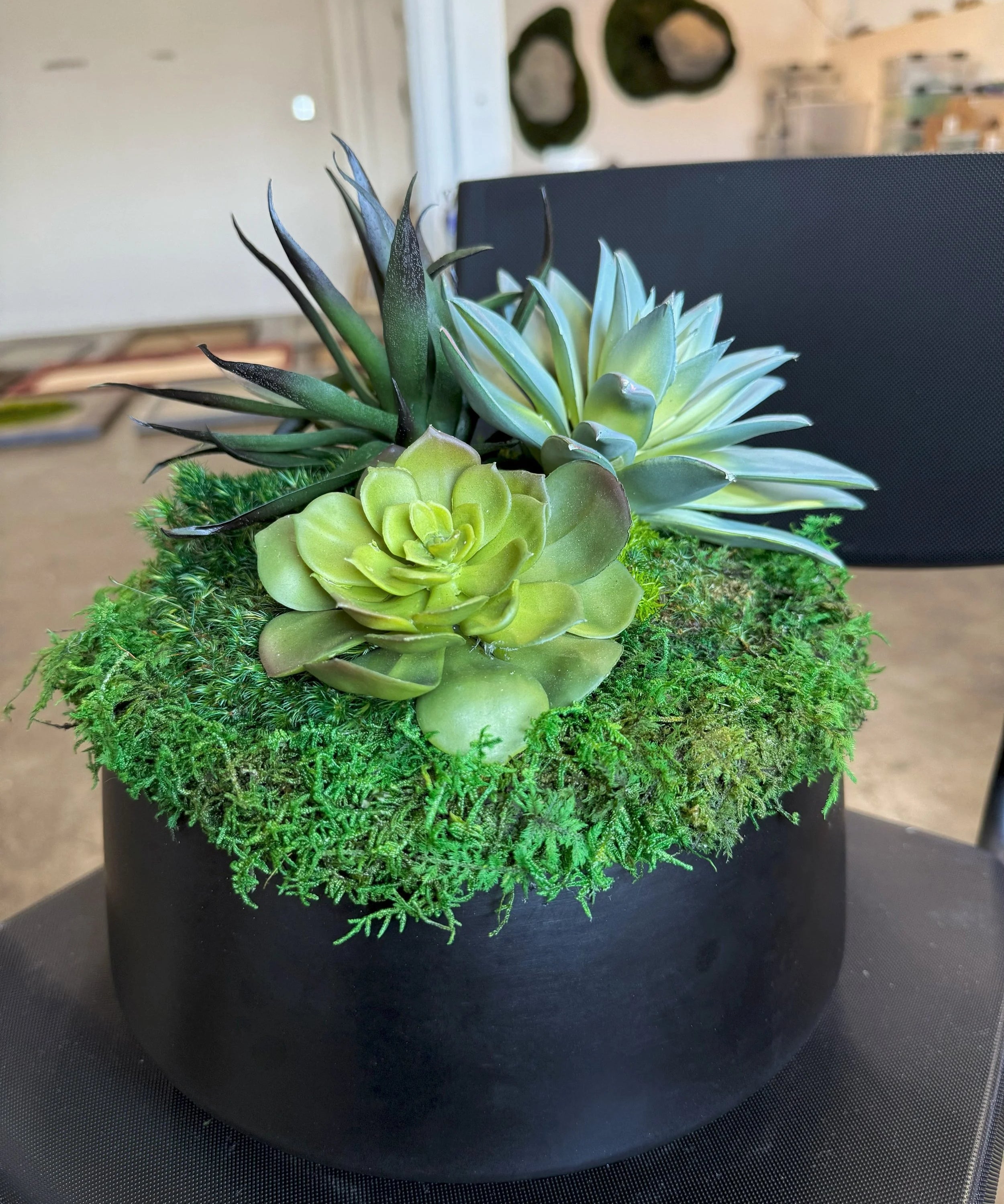 Succulent Pot 4 black planter with mosses and faux succulents