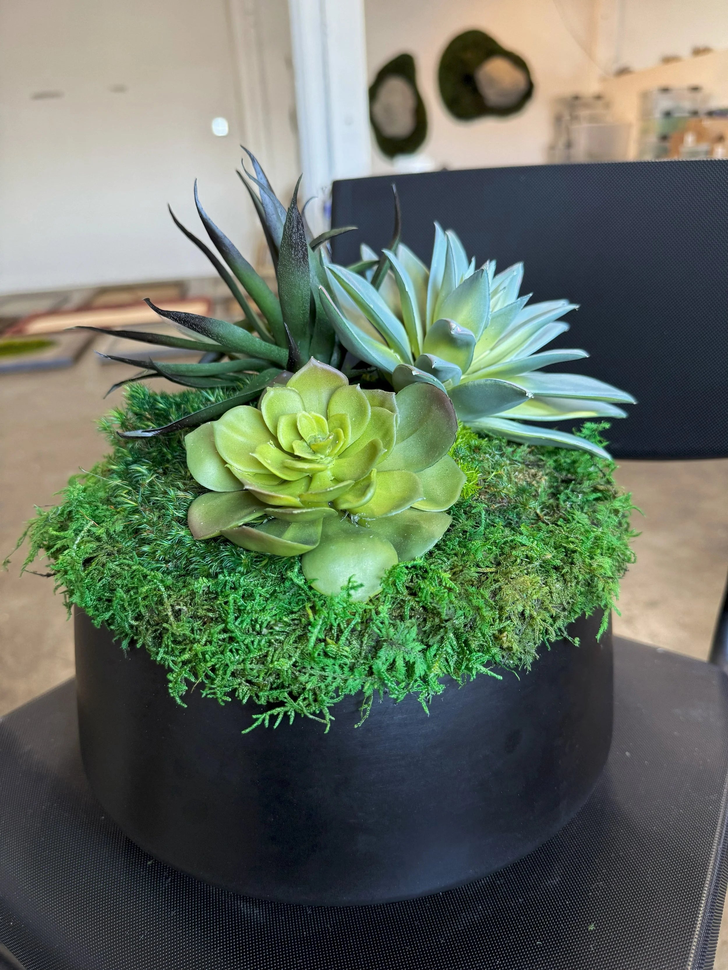 Succulent Pot 4 black planter with mosses and faux succulents
